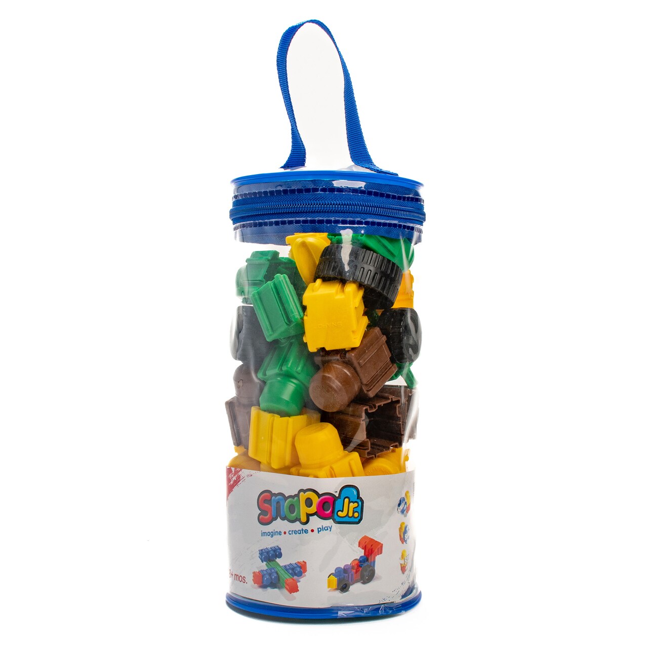 Snapo Jr. Dinosaur Creator Kit - 40 pcs - Green-Yellow-Brown Blocks & Wheels, Connect On All 6 Sides, 3D Building Toy, Snap-Slide-Rotate, Kids 18mo+